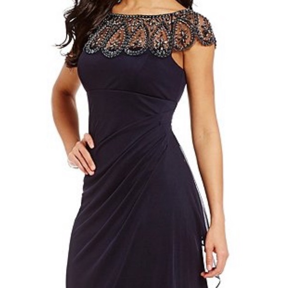 Xscape Beaded Illusion Neck Ruched Gown 